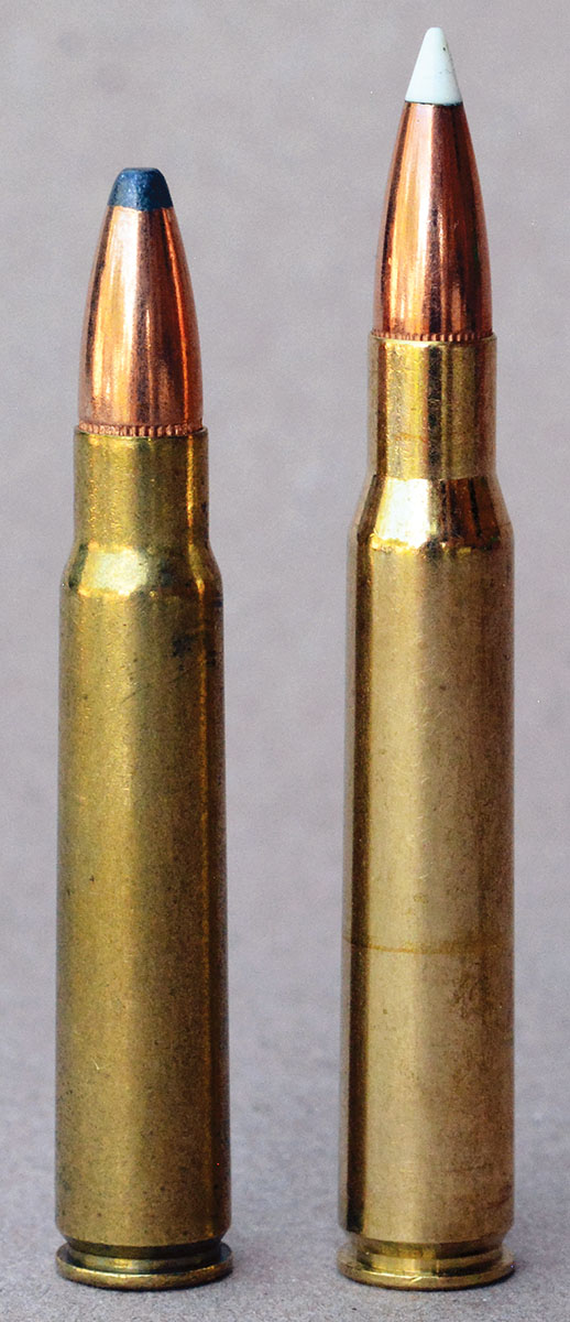 The 8mm Mauser (left) shares the same case head dimensions as the 30-06 Springfield (right).